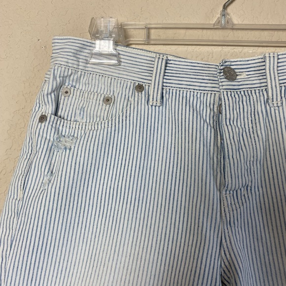 Madewell White & Blue Striped Distressed High Rise Button Tab Jean Shorts 27” - Picture 5 of 14